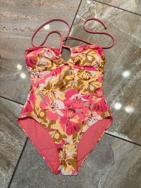 Floral One-Piece Swimsuit in Pink and Gold Tones